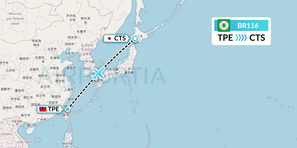 BR116 EVA Air Flight Map: Taipei to Sapporo