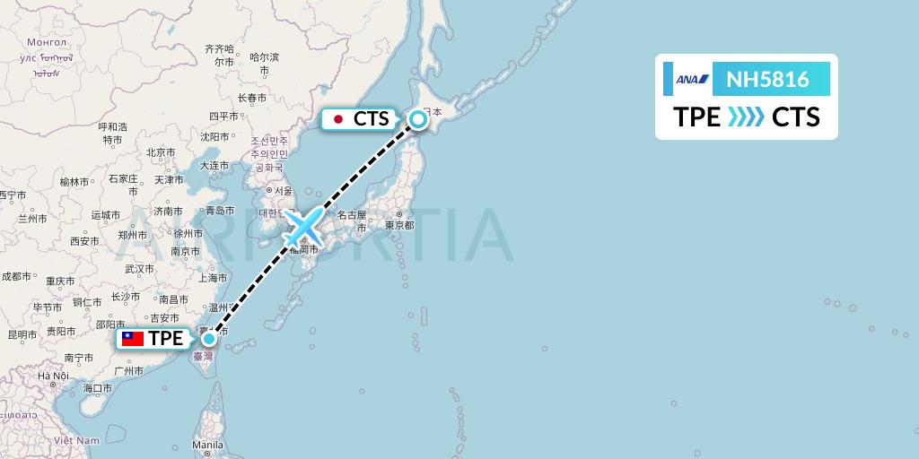 NH5816 All Nippon Airways Flight Map: Taipei to Sapporo