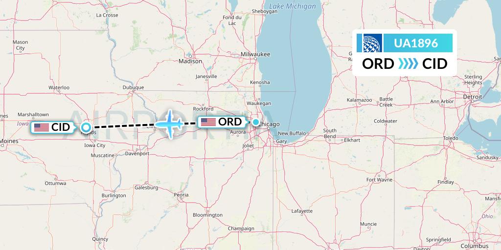 UA1896 United Airlines Flight Map: Chicago to Cedar Rapids