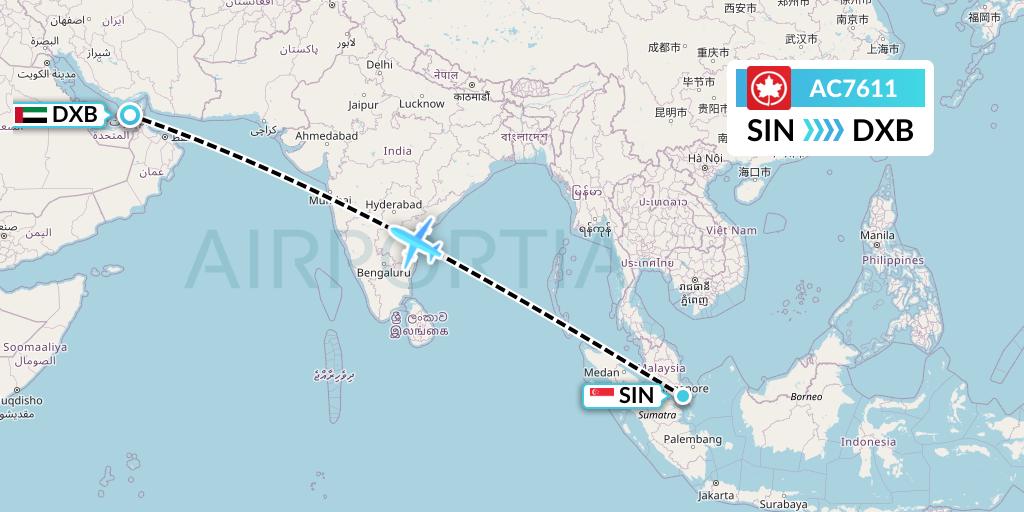 AC7611 Air Canada Flight Map: Singapore to Dubai