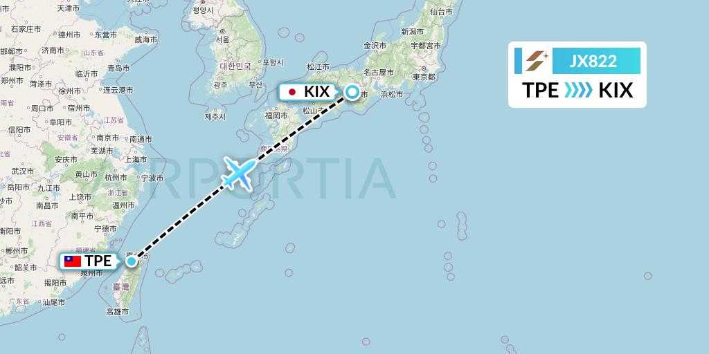 JX822 Starlux Airlines Flight Map: Taipei to Osaka