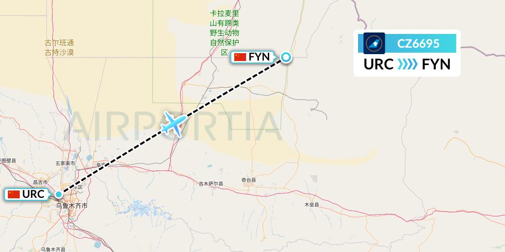 CZ6695 China Southern Airlines Flight Map: Urumqi to Fuyun