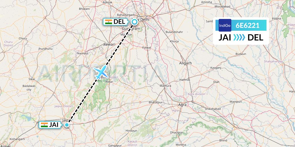6E6221 IndiGo Airlines Flight Map: Jaipur to Delhi