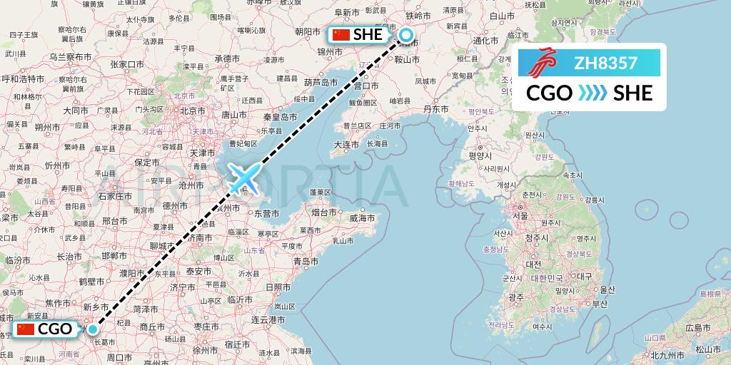 ZH8357 Shenzhen Airlines Flight Map: Zhengzhou to Shenyang