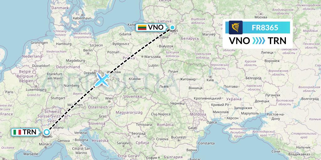 FR8365 Ryanair Flight Map: Vilnius to Turin