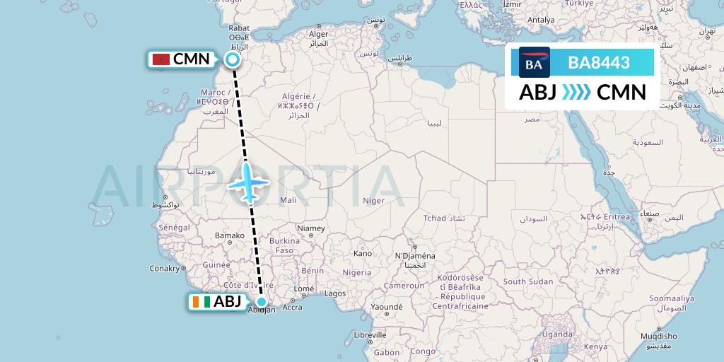 BA8443 British Airways Flight Map: Abidjan to Casablanca