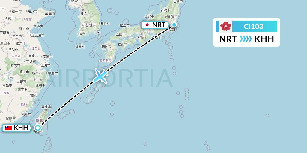 CI103 China Airlines Flight Map: Tokyo to Kaohsiung