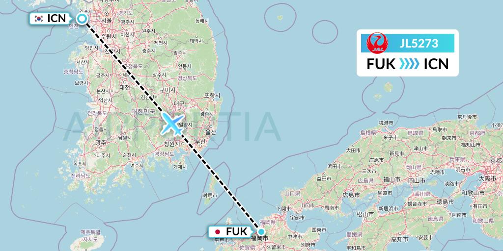 JL5273 Japan Airlines Flight Map: Fukuoka to Seoul