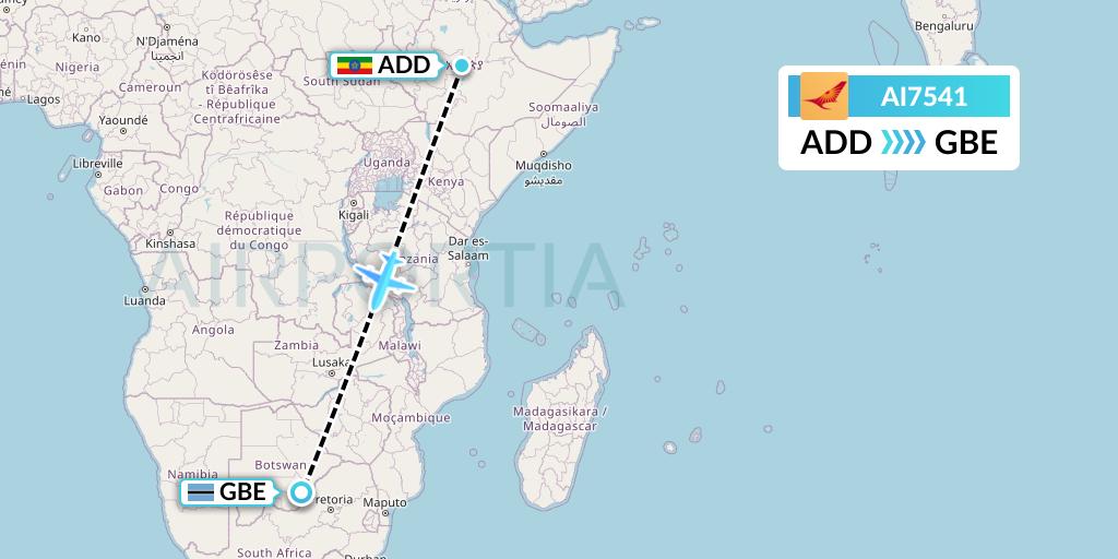 AI7541 Air India Flight Map: Addis Ababa to Gaborone