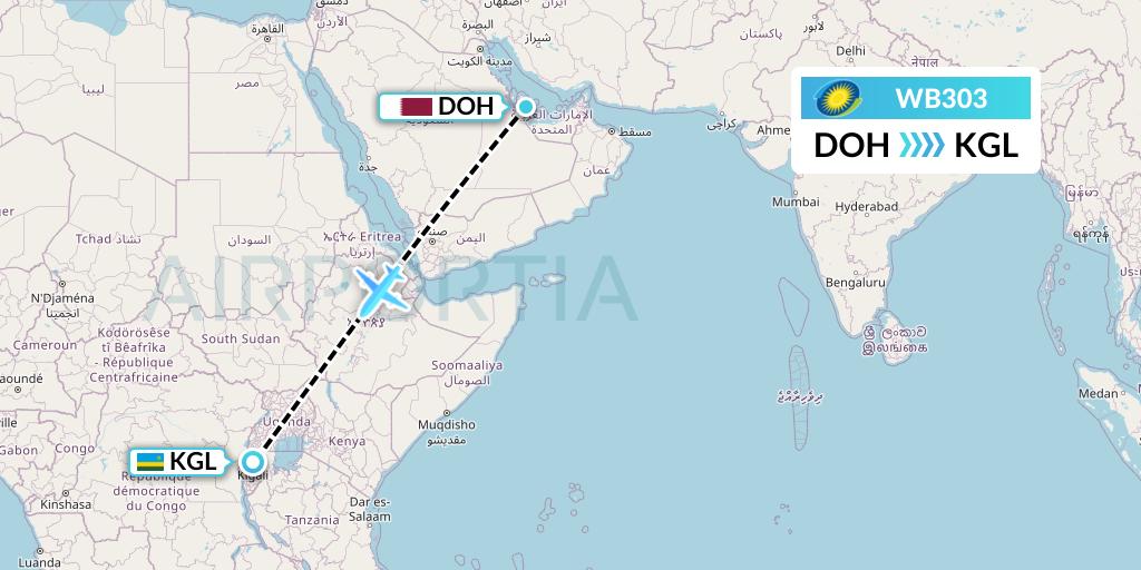 WB303 RwandAir Flight Map: Doha to Kigali