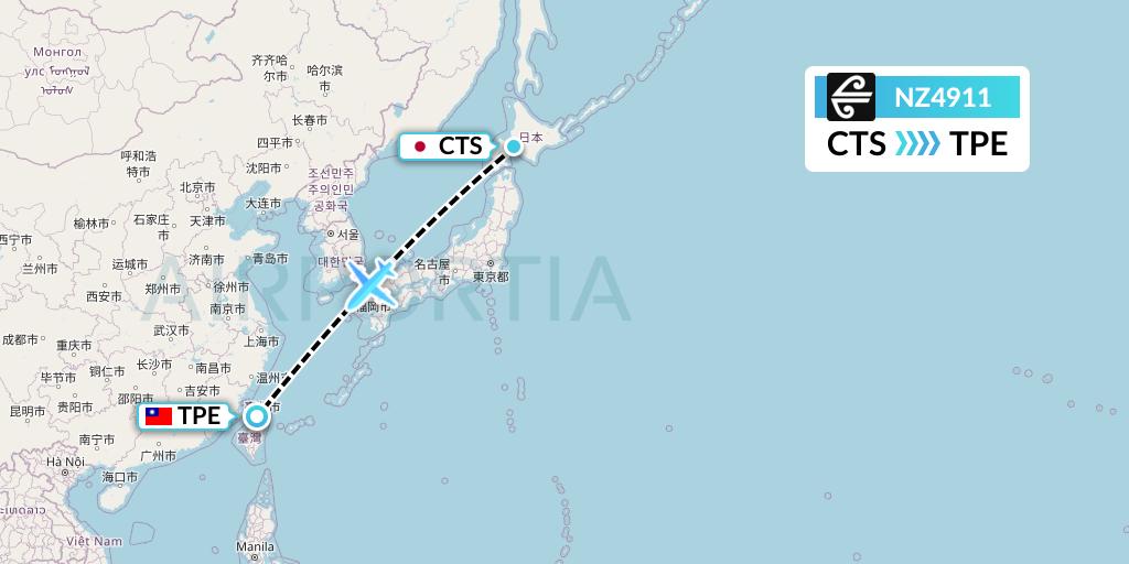 NZ4911 Air New Zealand Flight Map: Sapporo to Taipei