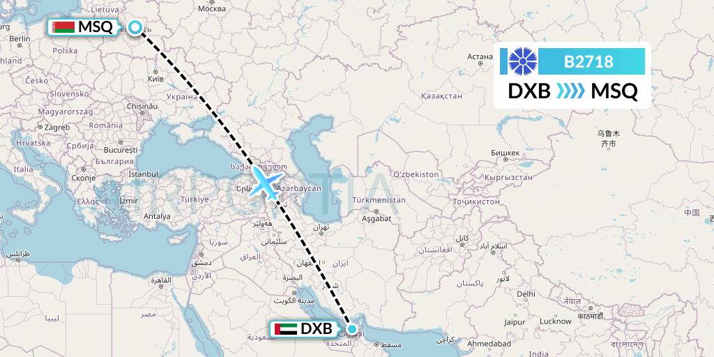 B2718 Belavia Flight Map: Dubai to Minsk