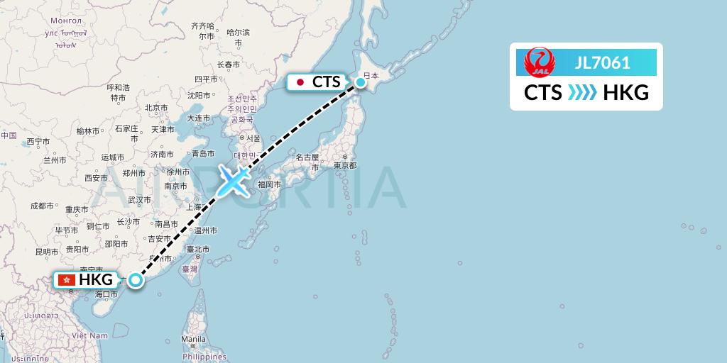 JL7061 Japan Airlines Flight Map: Sapporo to Hong Kong