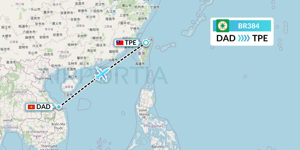 BR384 EVA Air Flight Map: Da Nang to Taipei