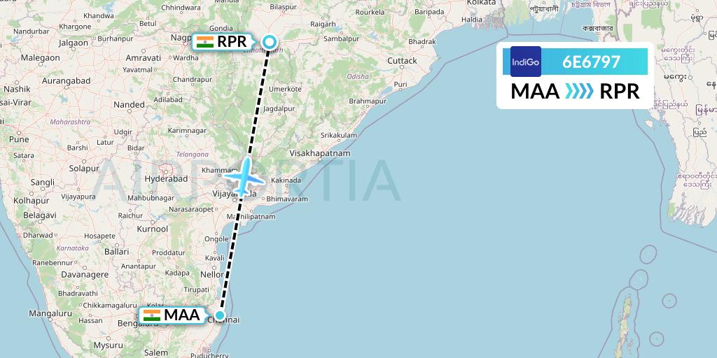 6E6797 IndiGo Airlines Flight Map: Chennai to Raipur