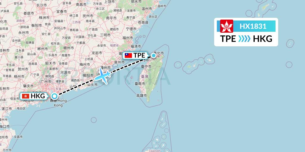 HX1831 Hong Kong Airlines Flight Map: Taipei to Hong Kong