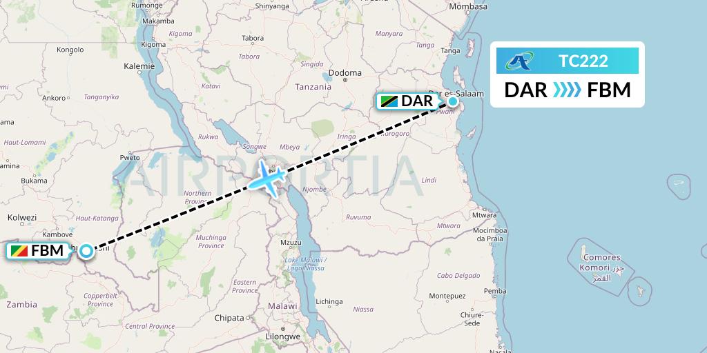 TC222 Air Tanzania Flight Map: Dar-es-Salaam to Lubumbashi