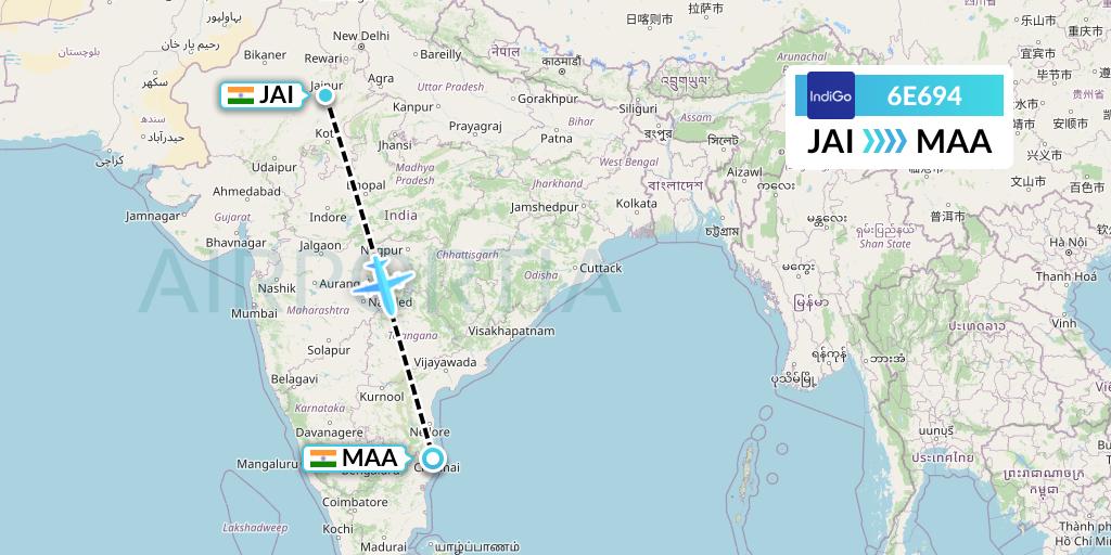 6E694 IndiGo Airlines Flight Map: Jaipur to Chennai