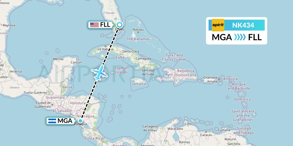 NK434 Spirit Airlines Flight Map: Managua to Fort Lauderdale