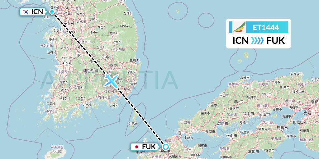 ET1444 Ethiopian Airlines Flight Map: Seoul to Fukuoka