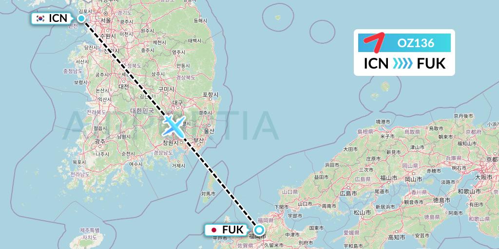 OZ136 Asiana Airlines Flight Map: Seoul to Fukuoka