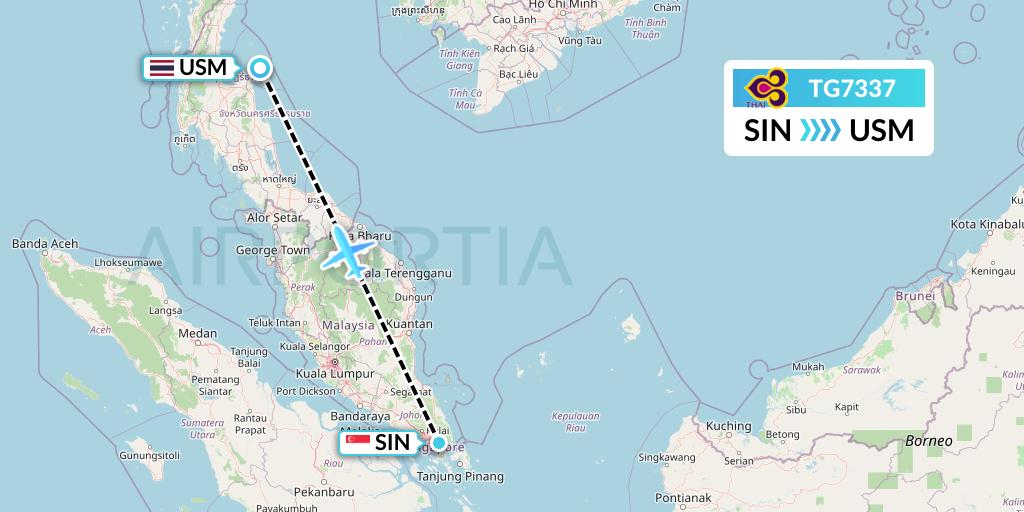 TG7337 Thai Airways Flight Map: Singapore to Koh Samui