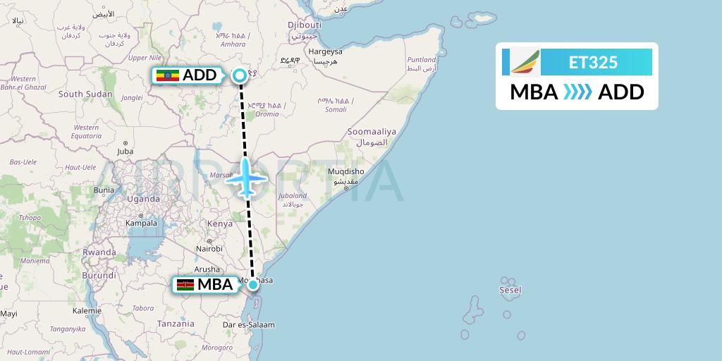 ET325 Ethiopian Airlines Flight Map: Mombasa to Addis Ababa