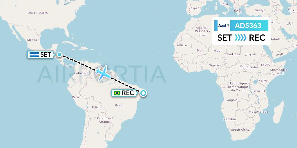 AD5363 Azul Brazilian Airlines Flight Map: San Esteban to Recife