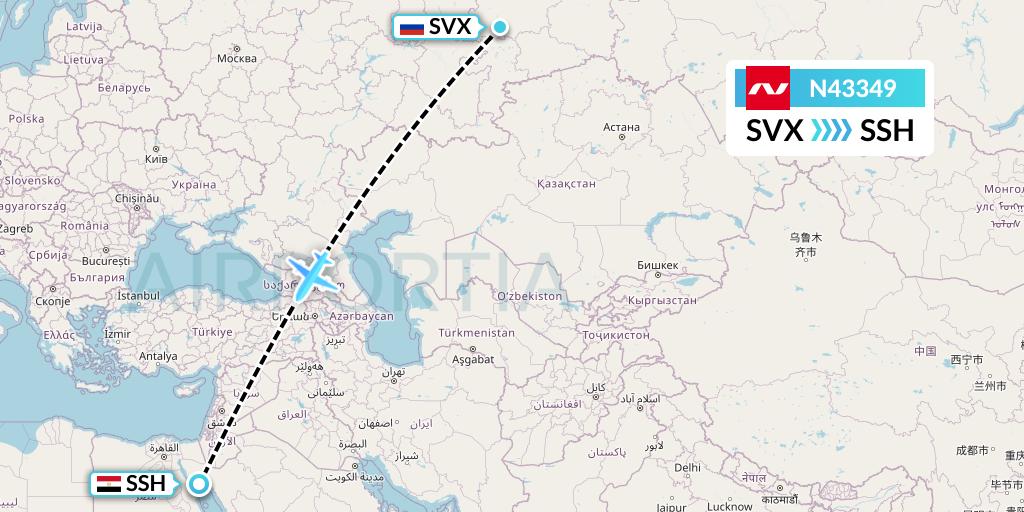 N43349 Nordwind Airlines Flight Map: Yekaterinburg to Sharm el-Sheikh