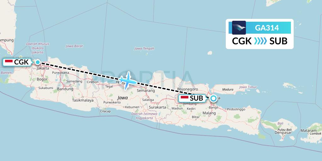 GA314 Garuda Indonesia Flight Map: Jakarta to Surabaya