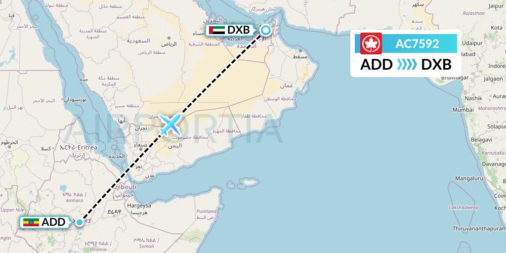 AC7592 Air Canada Flight Map: Addis Ababa to Dubai