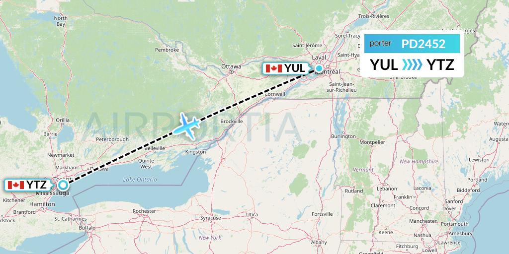 PD2452 Porter Airlines Flight Map: Montreal to Toronto