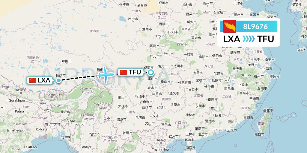 8L9676 Lucky Air Flight Map: Lhasa to Chengdu