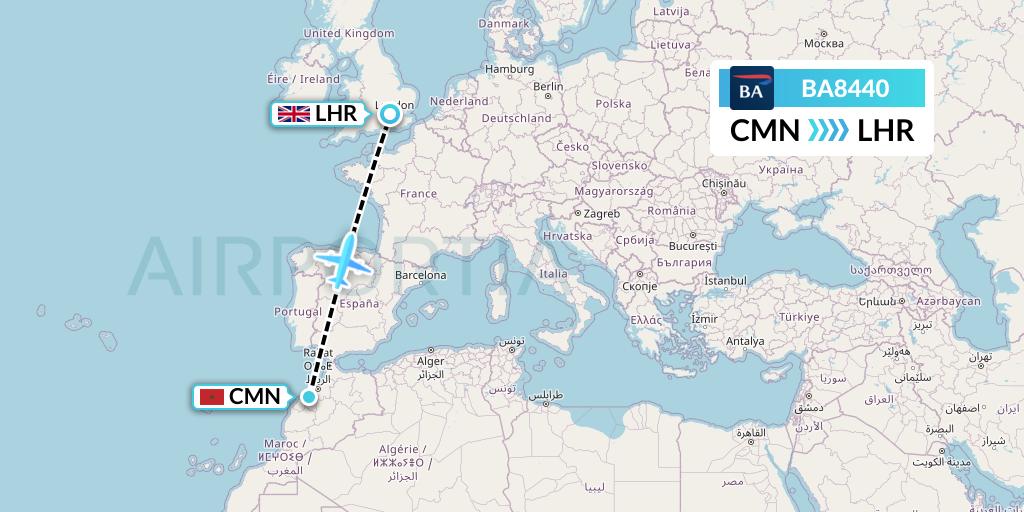 BA8440 British Airways Flight Map: Casablanca to London
