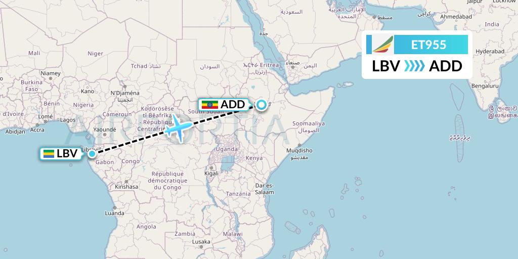 ET955 Ethiopian Airlines Flight Map: Libreville to Addis Ababa