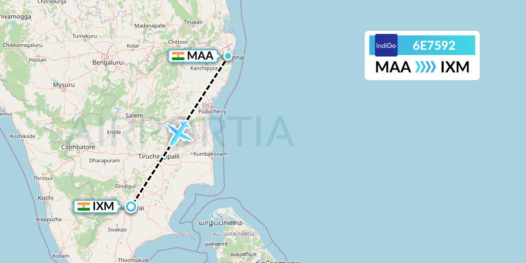 6E7592 IndiGo Airlines Flight Map: Chennai to Madurai