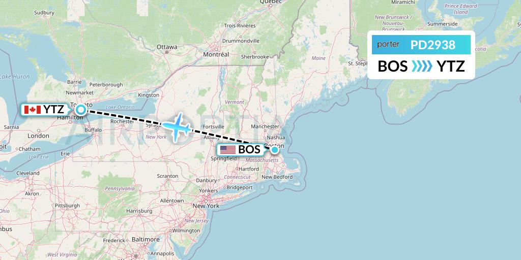 PD2938 Porter Airlines Flight Map: Boston to Toronto