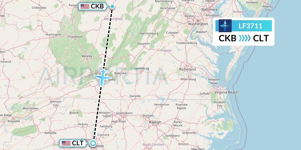 LF3711 Corporate Flight Management Flight Map: Clarksburg to Charlotte
