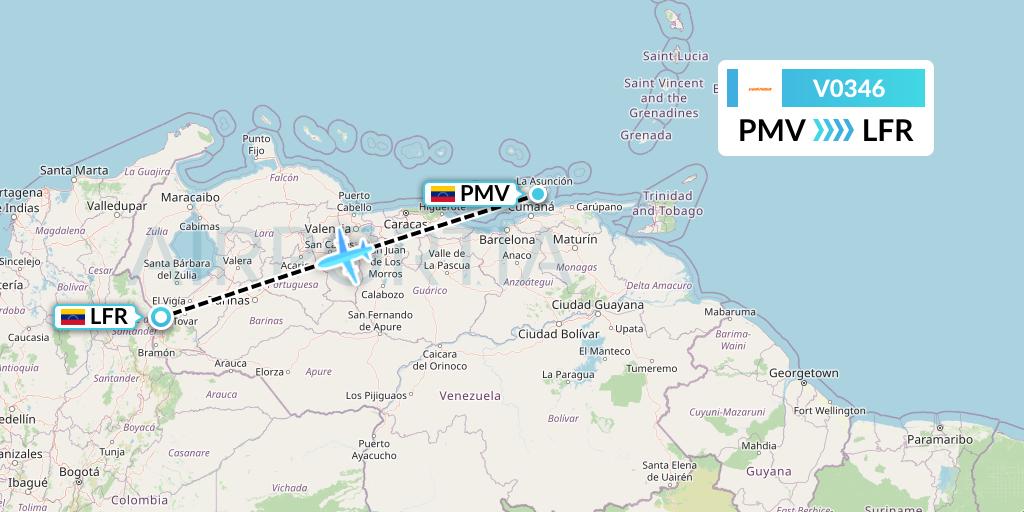 V0346 Conviasa Flight Map: Porlamar to Venezuela