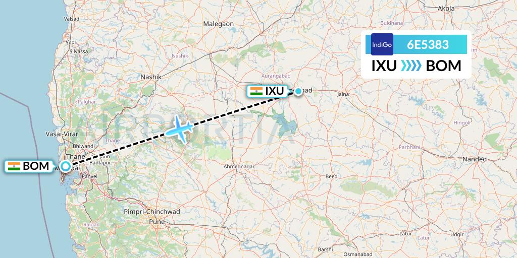 6E5383 IndiGo Airlines Flight Map: Aurangabad to Mumbai