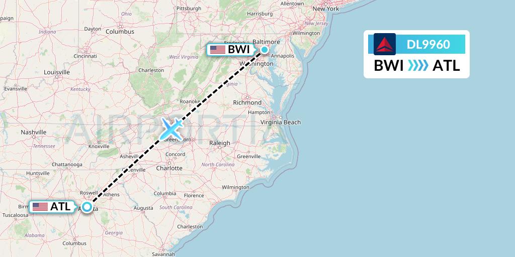 DL9960 Delta Air Lines Flight Map: Baltimore to Atlanta