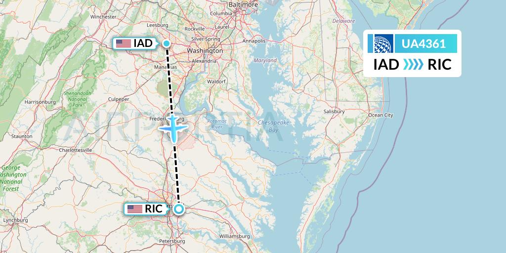 UA4361 United Airlines Flight Map: Washington to Richmond
