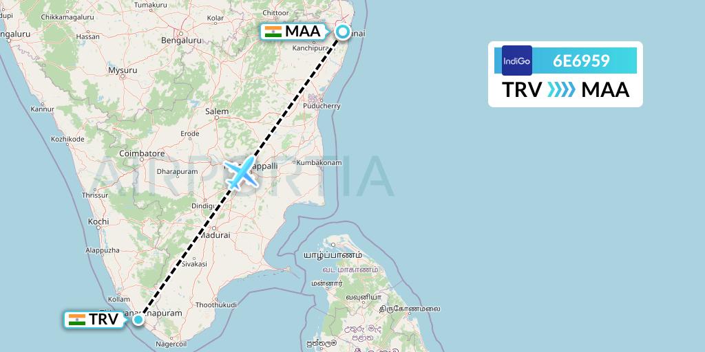6E6959 IndiGo Airlines Flight Map: Thiruvananthapuram to Chennai