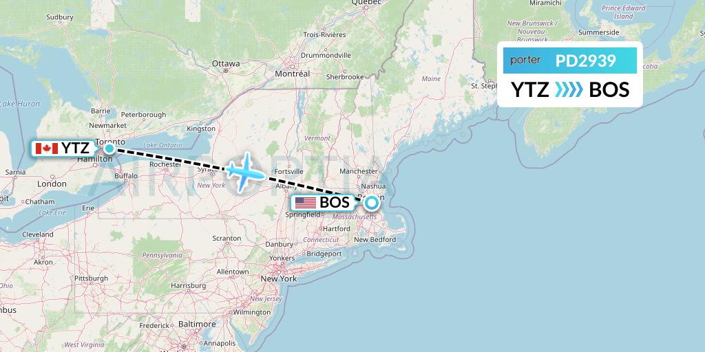 PD2939 Porter Airlines Flight Map: Toronto to Boston