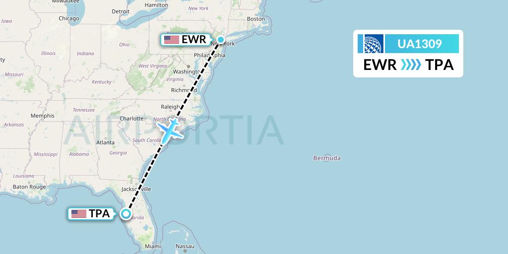 UA1309 United Airlines Flight Map: New York to Tampa
