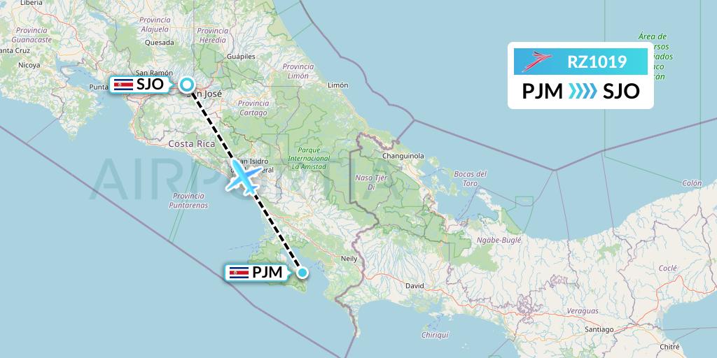 RZ1019 Sansa Airlines Flight Map: Puerto Jimenez to San Jose