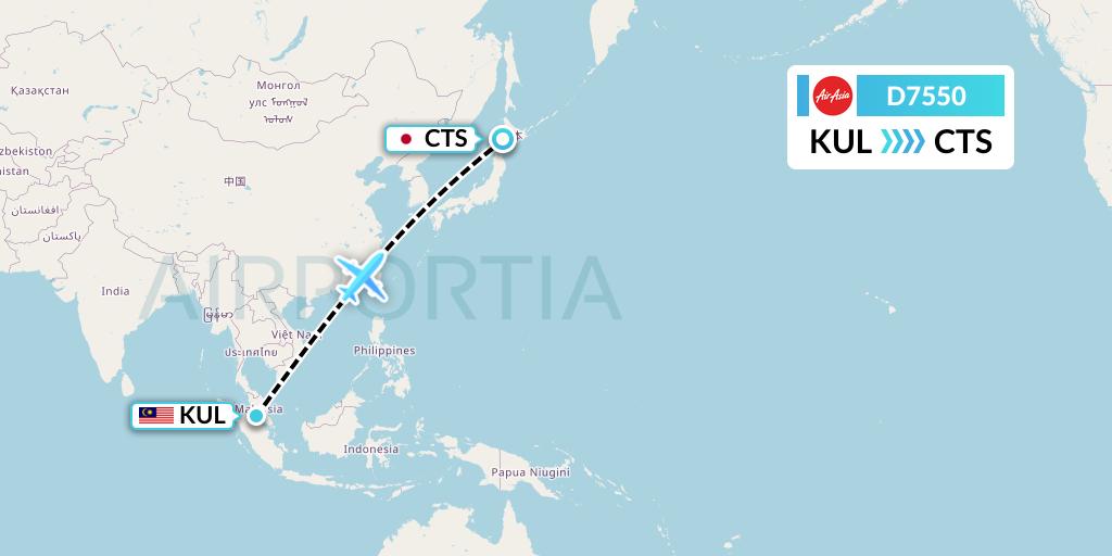 D7550 AirAsia X Flight Map: Kuala Lumpur to Sapporo