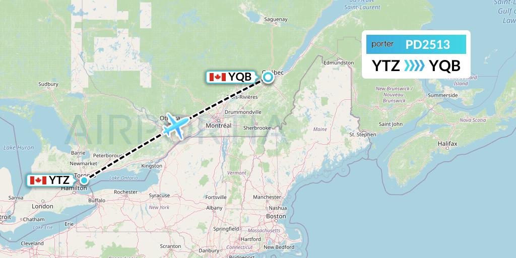 PD2513 Porter Airlines Flight Map: Toronto to Quebec