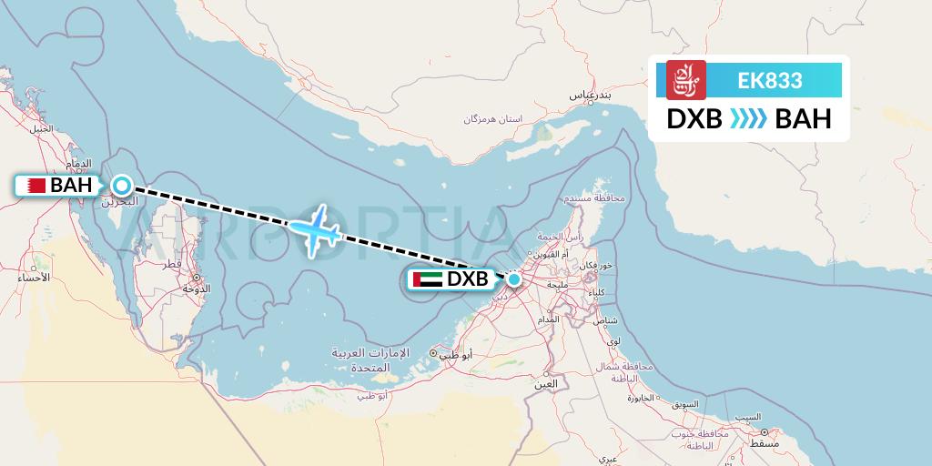 EK833 Emirates Flight Map: Dubai to Bahrain