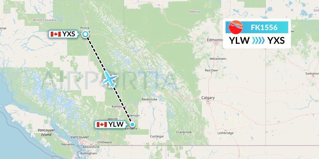 FK1556 Kelowna Flightcraft Air Flight Map: Kelowna to Prince George